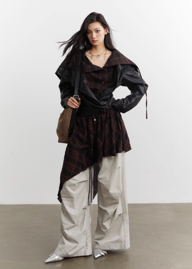 Urban Layered Plaid Apron PU Jacket Set - szxrfrp